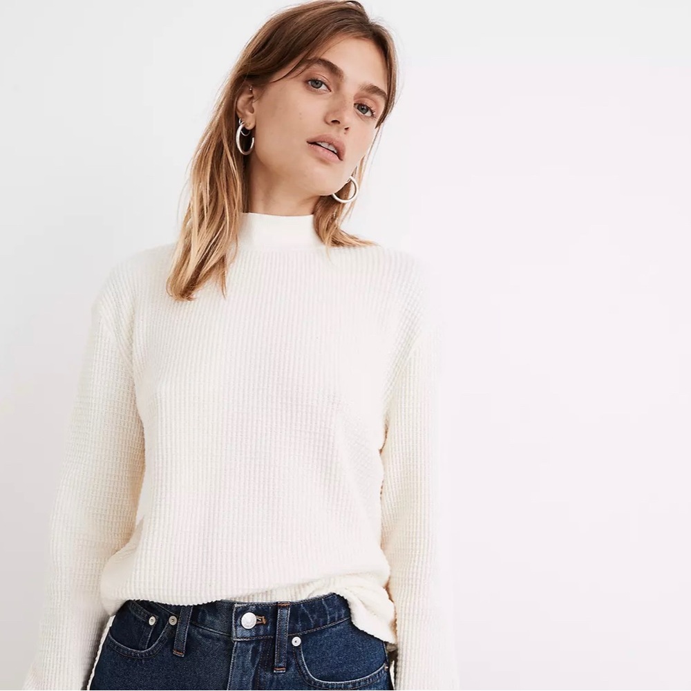 Madewell Mockneck Waffle Sweatshirt Tee in Antique Cream